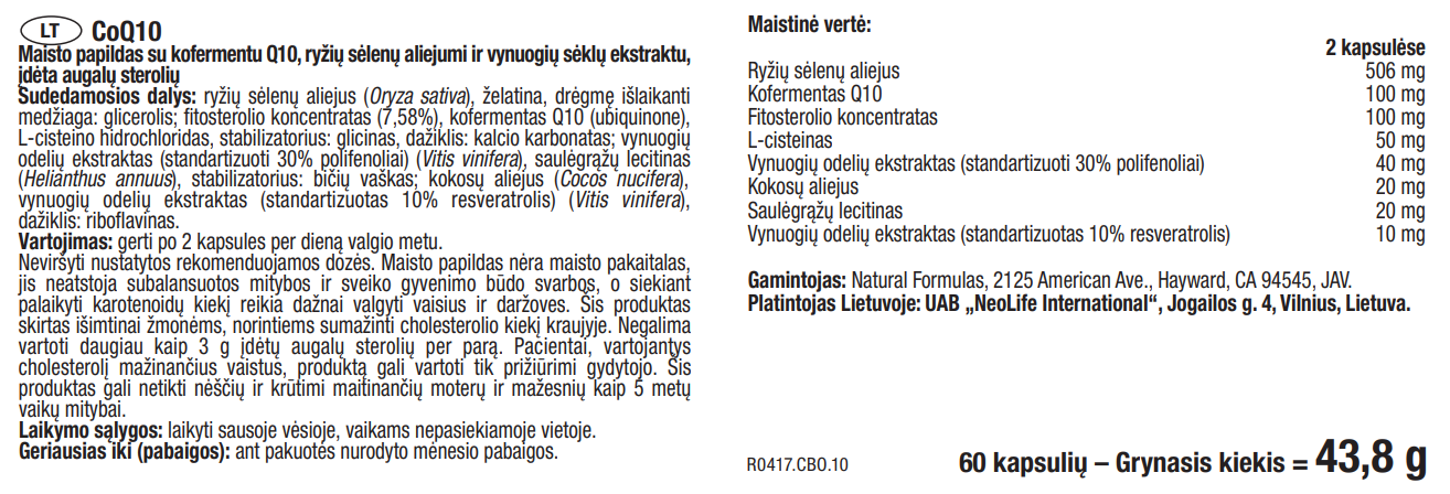NeoLife CoQ10 kapsulės sudėtis