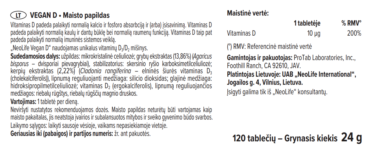 NeoLife Vegan D vitamino D sudėties etiketė, augalinė formulė