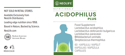 Neolife Acidophilus Plus maisto papildas etiketė