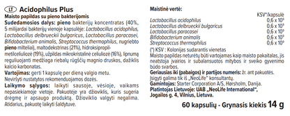 Sudėtis: Lactobacillus acidophilus, rhamnosus, Bifidobacterium, prebiotikai
