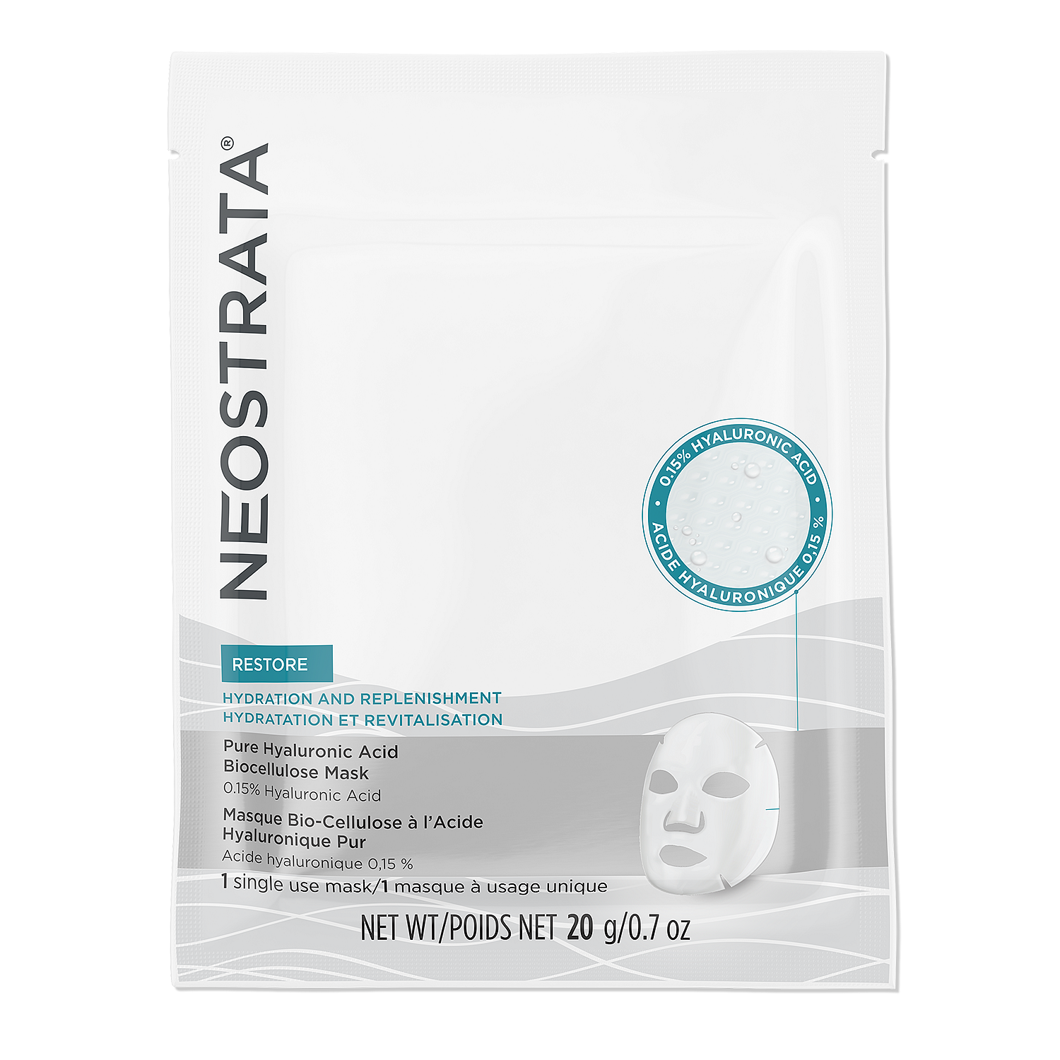 Neostrata RESTORE Pure Hyaluronic lakštinė kaukė, 20 g, intensyviai drėkinanti odą
