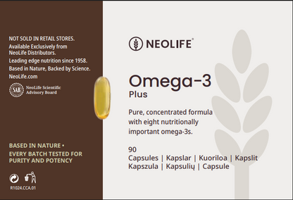 NeoLife Omega-3 Plus etiketė su produkto pavadinimu