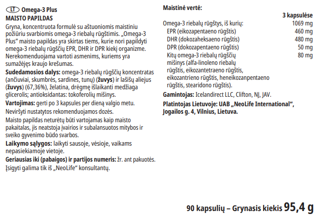 NeoLife Omega-3 Plus sudėties etiketė su EPA ir DHA