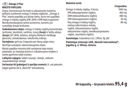 NeoLife Omega-3 Plus sudėties etiketė su EPA ir DHA