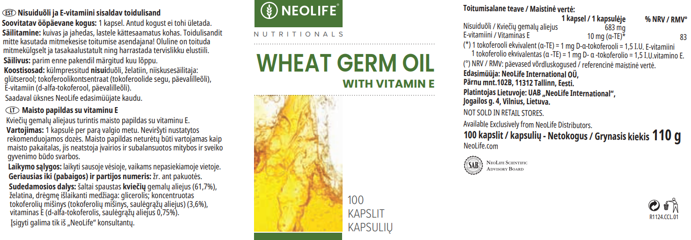 NeoLife Wheat Germ Oil with Vitamin E sudėties etiketė