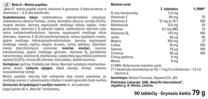 NEOLIFE Beta-G sudėtis: BETA-GLUKANAI, NATRIO ALGINATAS, LYCO-PENE, VITAMINAS C, VITAMINAS E