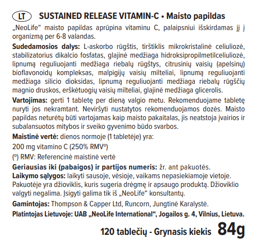 Sudėtis: vitaminas C lėtai išsiskiriančios tabletės, sudėtis