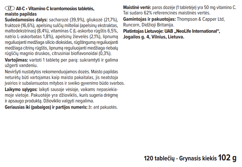 All C kramtomųjų tablečių sudėtis – vitaminas C, cukrus, aromatinės medžiagos