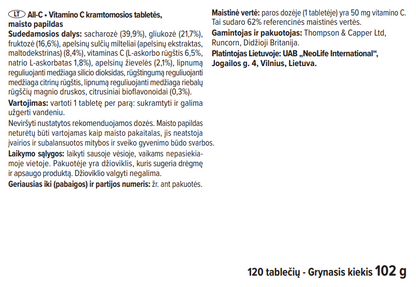 All C kramtomųjų tablečių sudėtis – vitaminas C, cukrus, aromatinės medžiagos