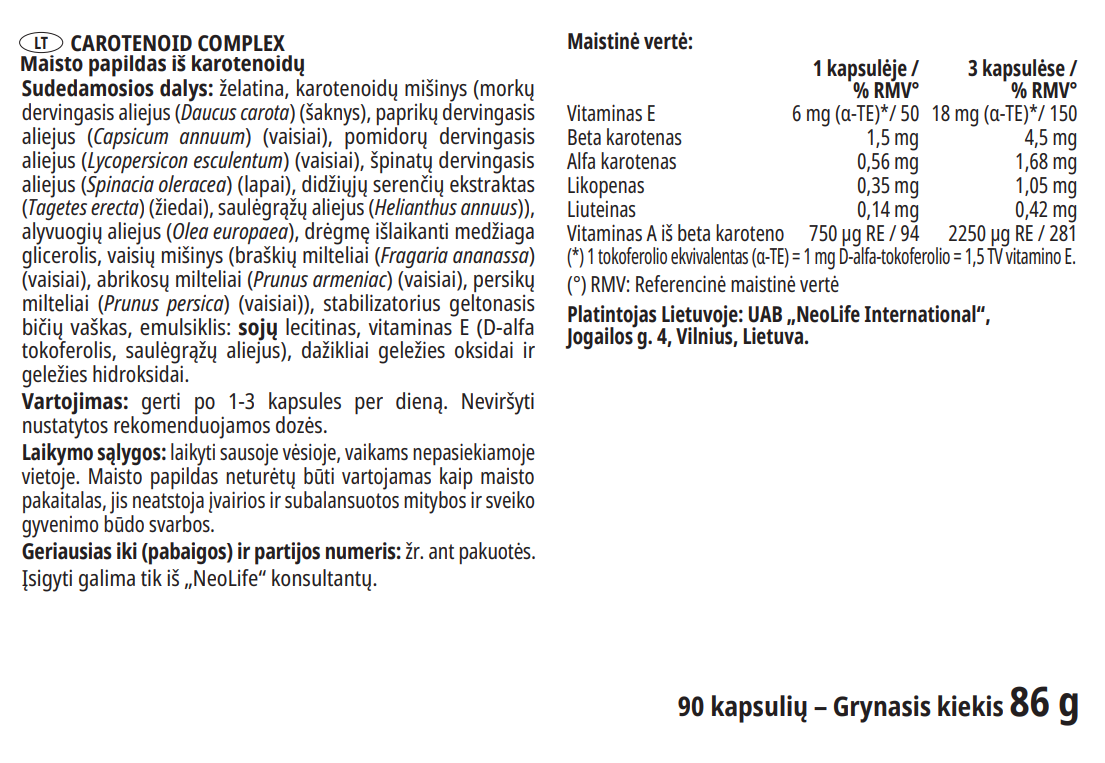 Carotenoid Complex sudėties etiketė su natūraliais karotenoidais