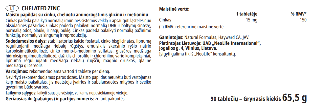 Chelated Zinc sudėties etiketė su chelatiniu cinku