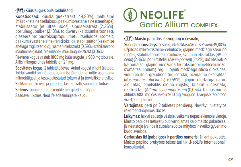 NeoLife Garlic Allium Complex sudėties etiketė su veikliosiomis medžiagomis