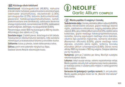 NeoLife Garlic Allium Complex sudėties etiketė su veikliosiomis medžiagomis
