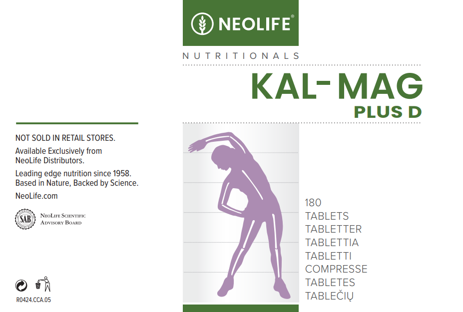 NeoLife Kal-Mag Plus D etiketė su pavadinimu ir mineralais