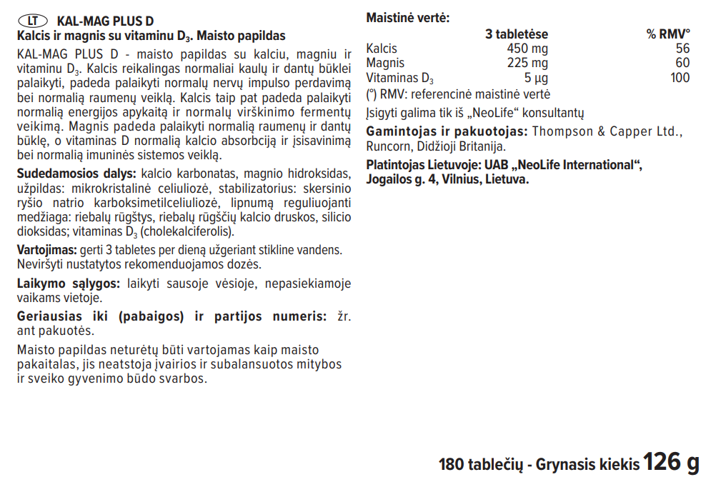 NeoLife Kal-Mag Plus D sudėties etiketė su kalciu, magniu ir vitaminu D
