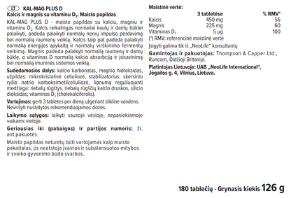 NeoLife Kal-Mag Plus D sudėties etiketė su kalciu, magniu ir vitaminu D
