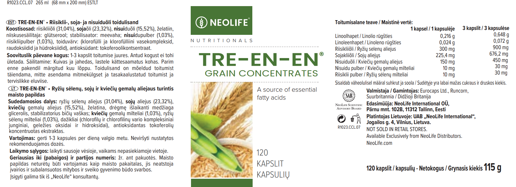 NeoLife Tre-en-en sudėties etiketė, lipidų kompleksas odai